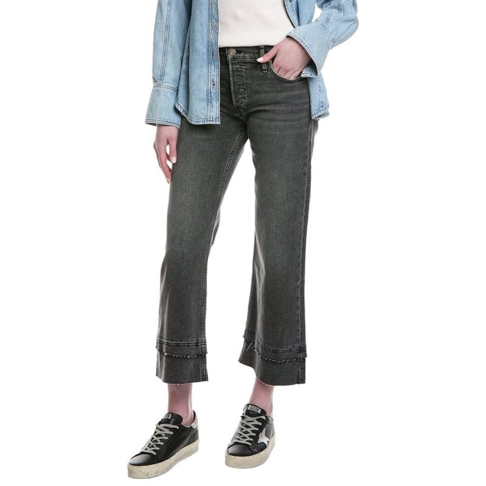 Hudson Jeans Womens  Rosie High-Rise Asphalt Wide Leg Ankle Raw Hem Jean, Black